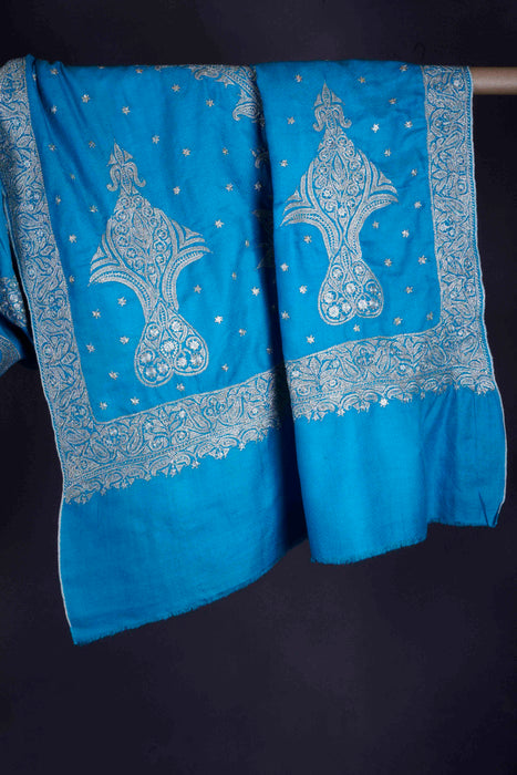 Turquoise Tilla Embroidery Pashmina Shawl