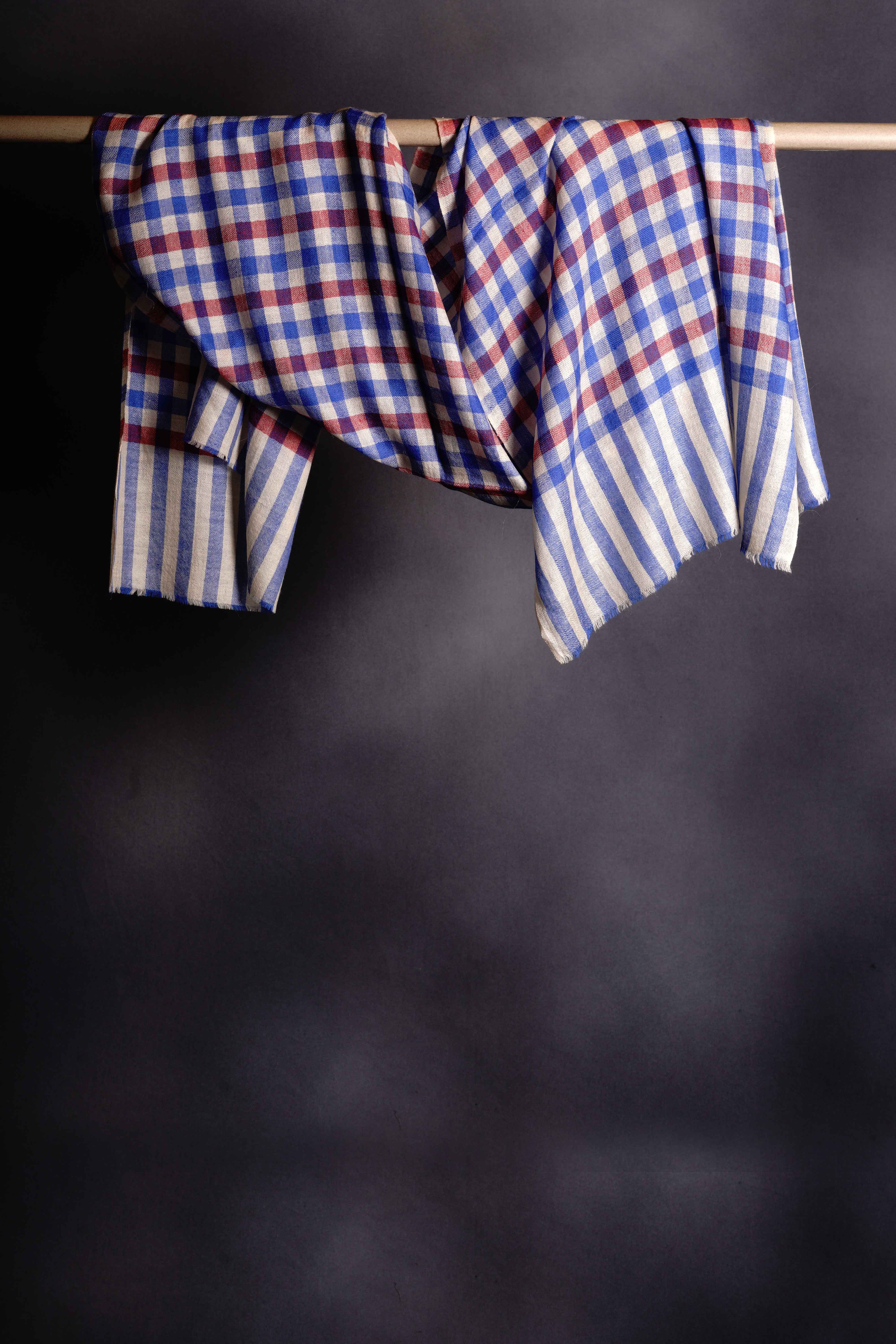 Small Check Red, Ivory and Blue Handwoven Cashmere Pashmina Scarf