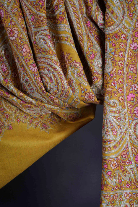 2.5 Yard Mustard Base Silver Tilla Embroidery Pashmina Shawl