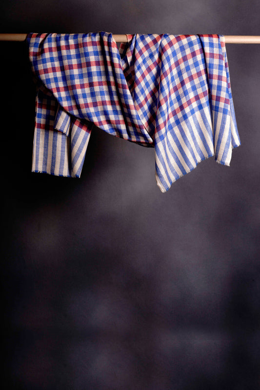 Small Check Red, Ivory and Blue Handwoven Cashmere Pashmina Scarf