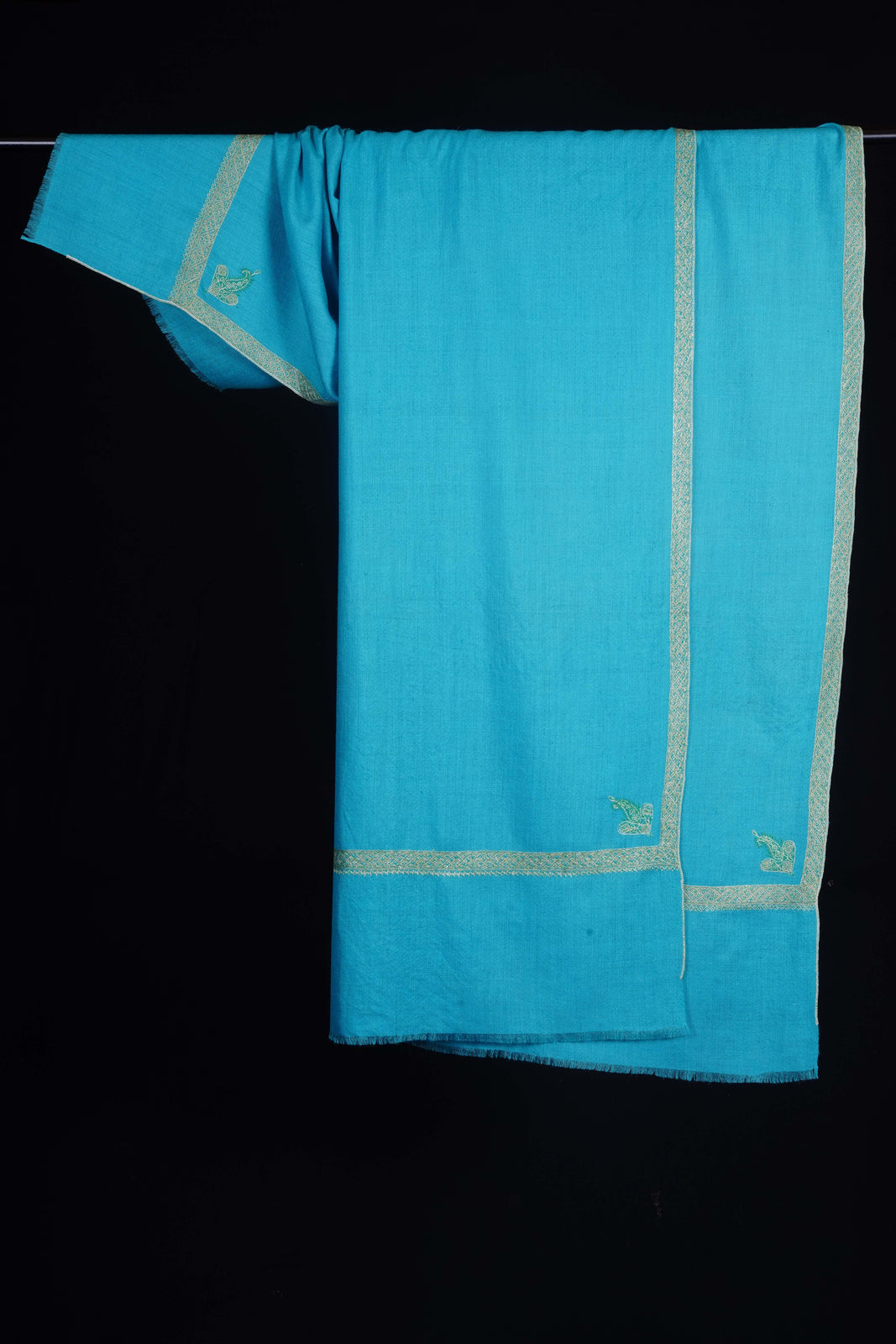 Turquoise Base With Green Border Embroidery Cashmere Pashmina Shawl