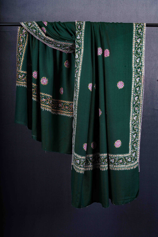 Green Base Buteh Motif Border Merino wool Embroidery Shawl