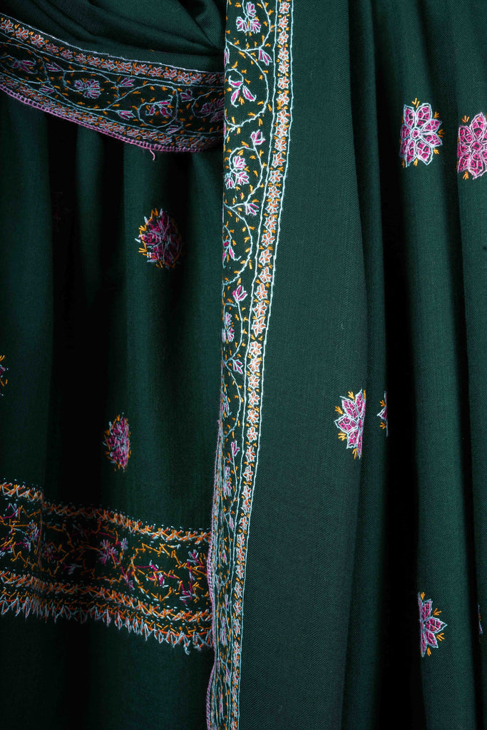 Green Base Buteh Motif Border Merino wool Embroidery Shawl