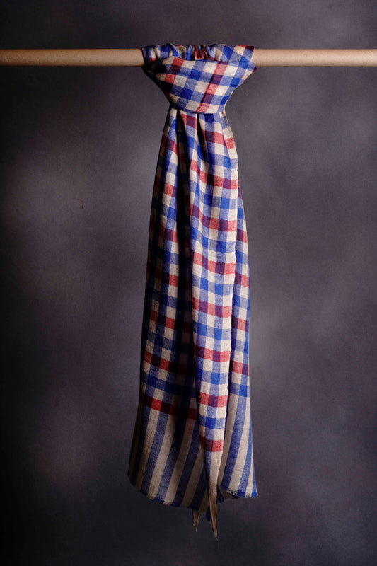 Small Check Red, Ivory and Blue Handwoven Cashmere Pashmina Scarf