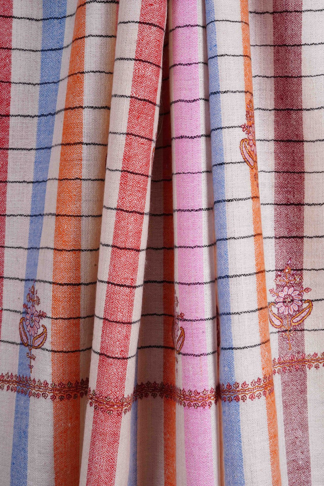 Ivory Check Butti-Dar Embroidery Pashmina Cashmere Shawl