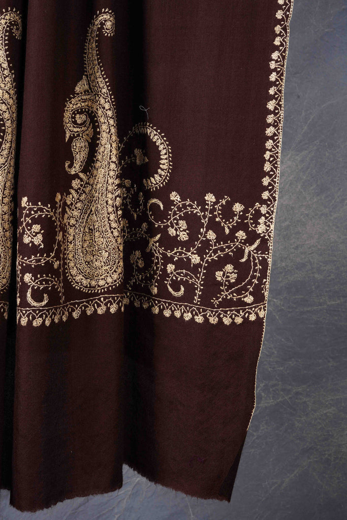 Brown Big Border Embroidery Merino Shawl