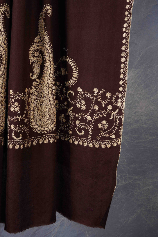 Brown Big Border Embroidery Merino Shawl