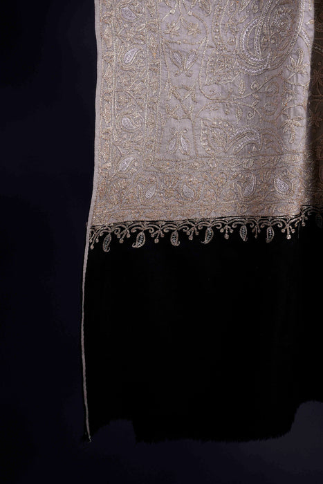 2.5 Yard Natural and Black Tilla Embroidery Pashmina Shawl