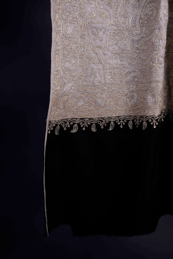 2.5 Yard Natural and Black Tilla Embroidery Pashmina Shawl