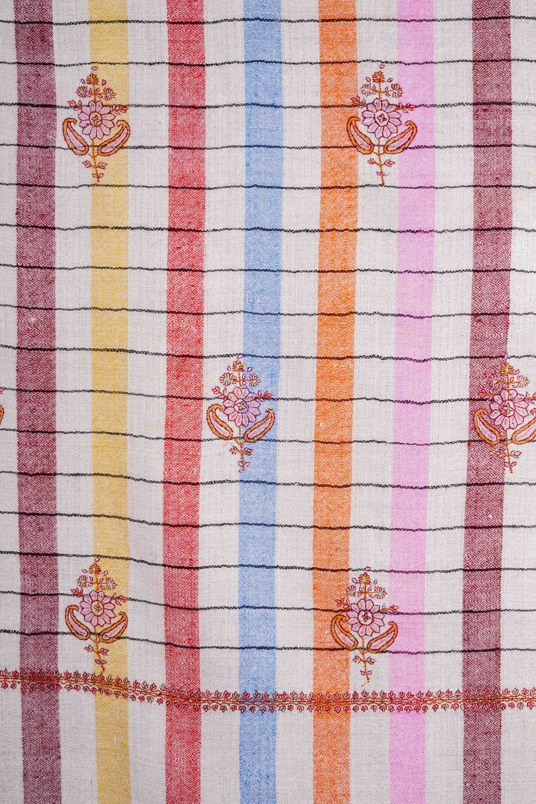Ivory Check Butti-Dar Embroidery Pashmina Cashmere Shawl