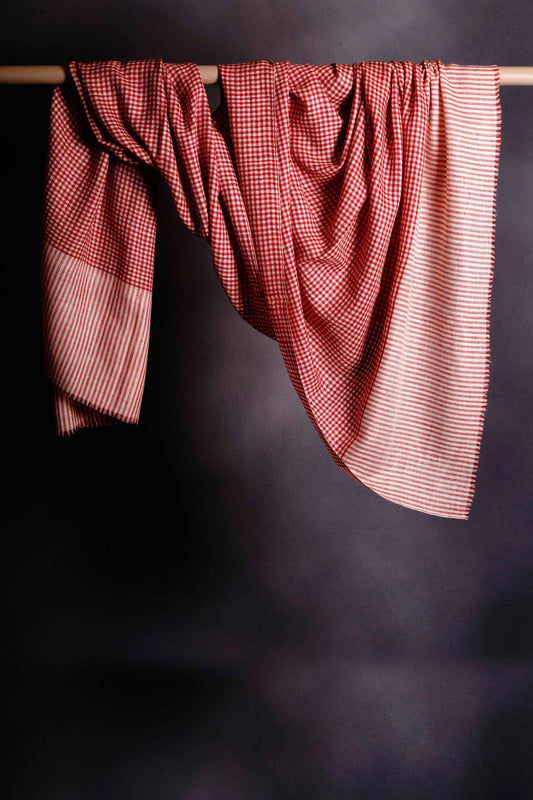 Ivory and Red Checked Handwoven Cashmere Pashmina Shawl