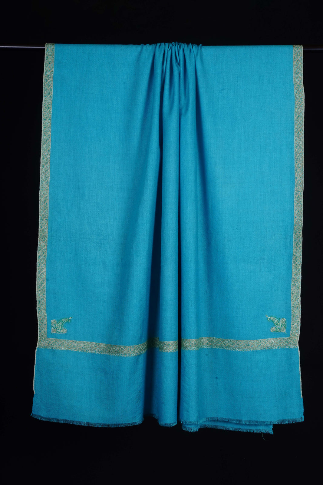 Turquoise Base With Green Border Embroidery Cashmere Pashmina Shawl