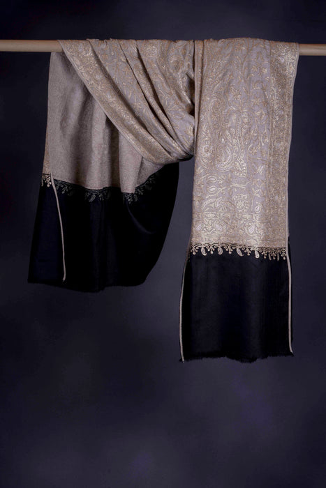 2.5 Yard Natural and Black Tilla Embroidery Pashmina Shawl