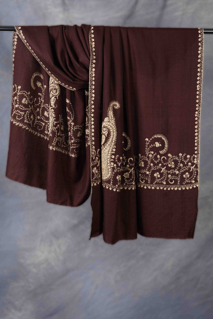 Brown Big Border Embroidery Merino Shawl