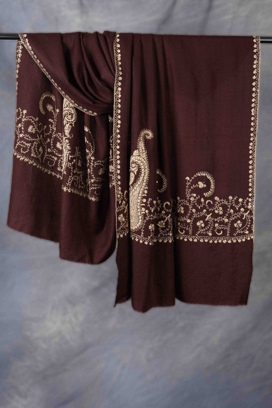 Brown Big Border Embroidery Merino Shawl