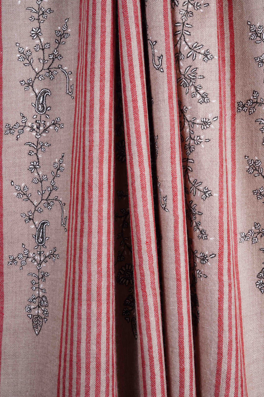Taupe Striped Jali Embroidery Pashmina Cashmere Shawl