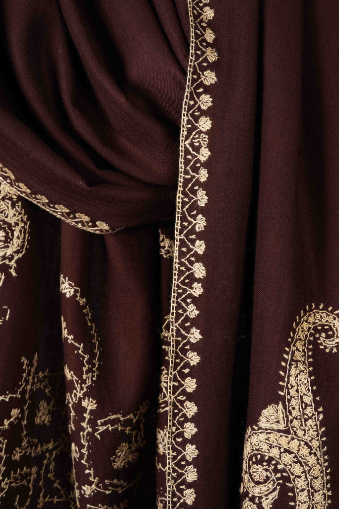 Brown Big Border Embroidery Merino Shawl
