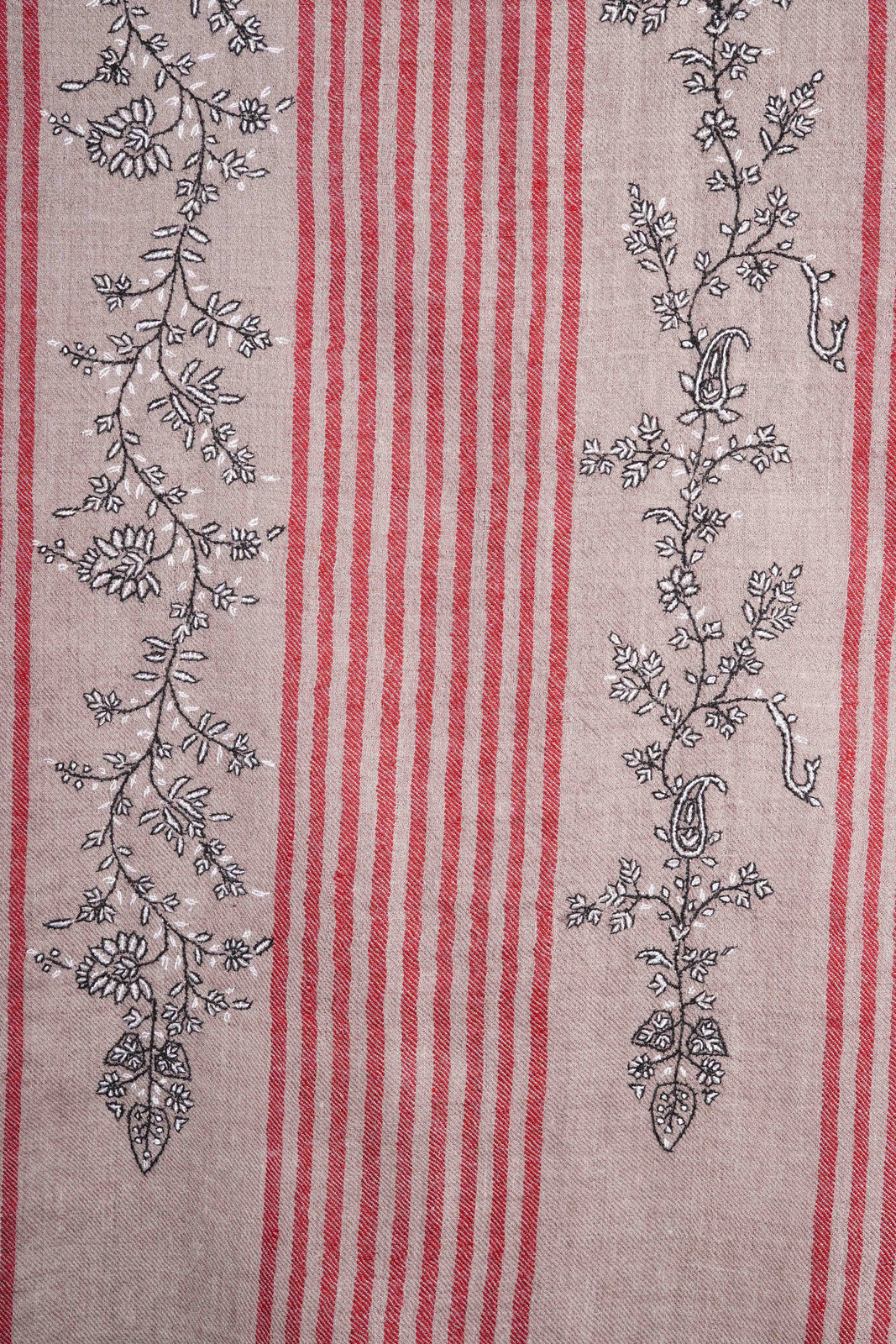 Taupe Striped Jali Embroidery Pashmina Cashmere Shawl