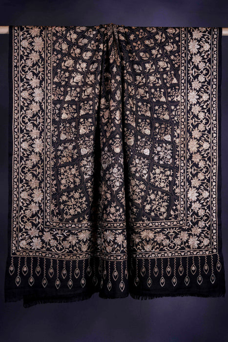 2.5 Yard Black Base Gold & Silver Tilla Embroidery Pashmina Shawl