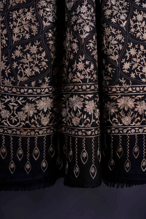 2.5 Yard Black Base Gold & Silver Tilla Embroidery Pashmina Shawl