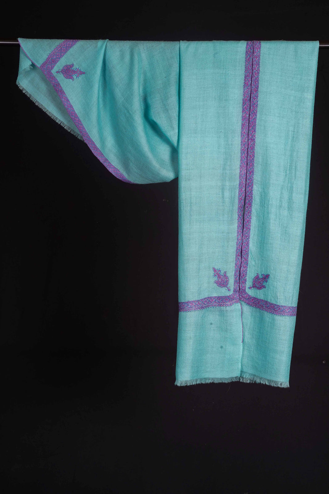 Seafoam Green Base With Purple Color Border Embroidery Cashmere Pashmina Scarf