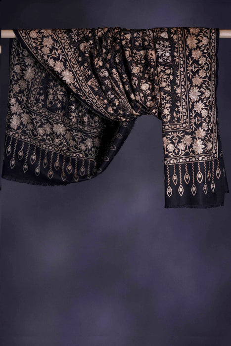 2.5 Yard Black Base Gold & Silver Tilla Embroidery Pashmina Shawl