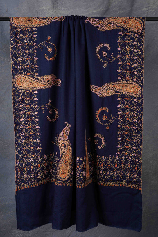 Blue Big Motifs Meriono Embroidery Shawl