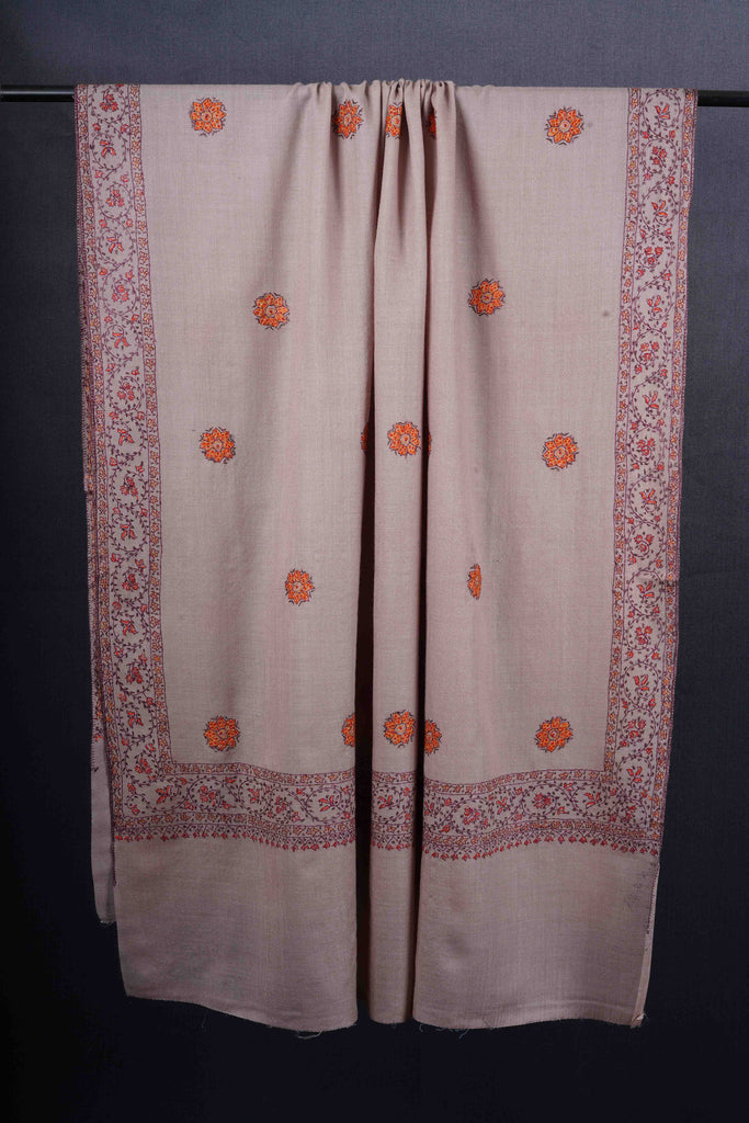 Light Natural Base Buteh Motif Border Merino wool Embroidery Shawl