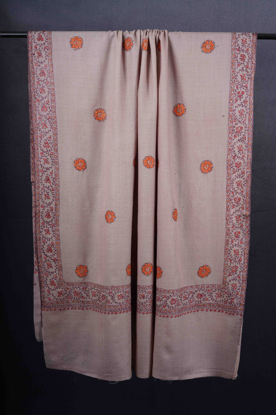 Light Natural Base Buteh Motif Border Merino wool Embroidery Shawl