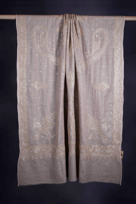 2.5 Yard Ivory Base Gold & Silver Tilla Embroidery Pashmina Shawl