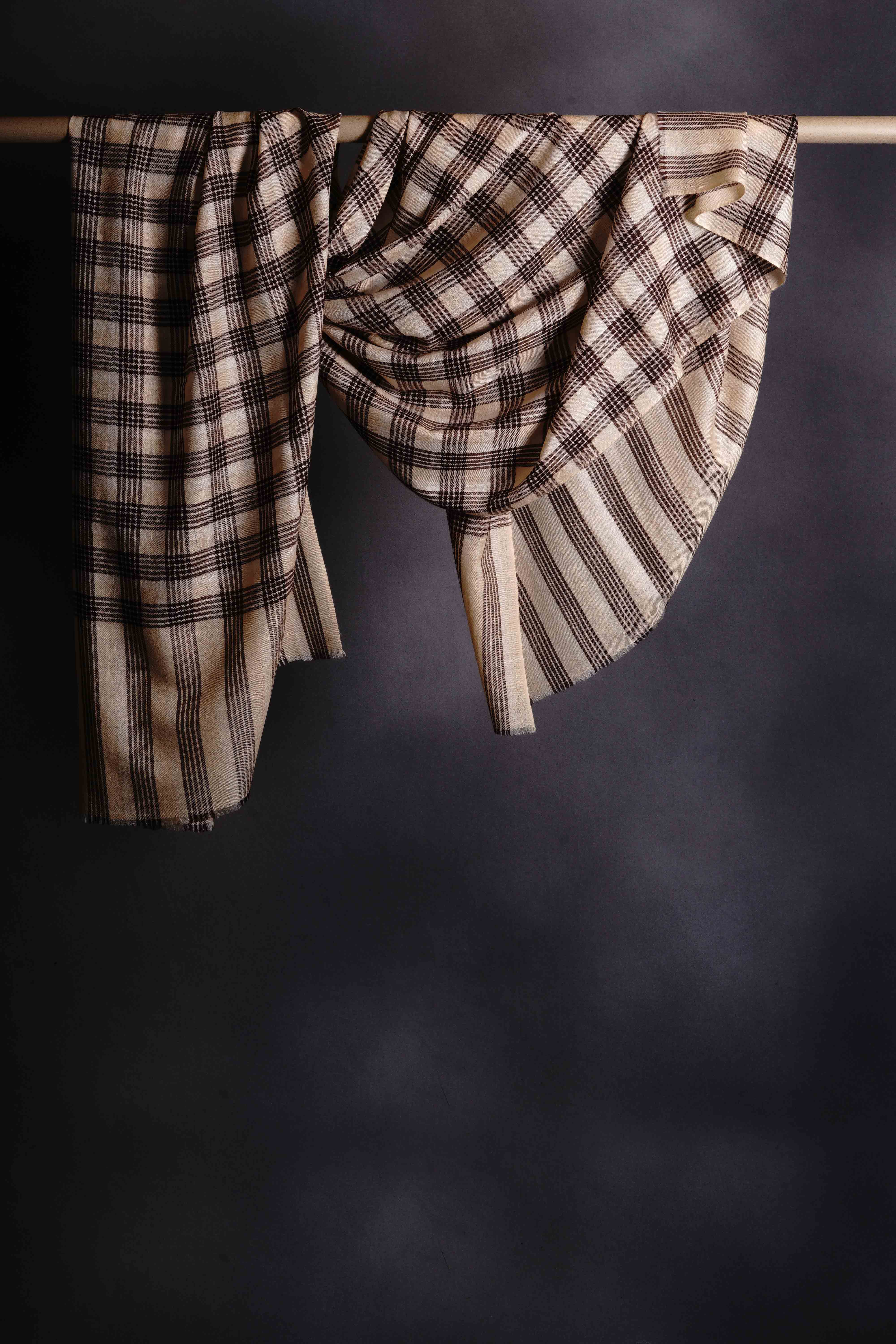 Beige Checked  Handwoven Cashmere Pashmina Shawl