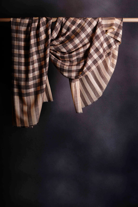 Beige Checked  Handwoven Cashmere Pashmina Shawl