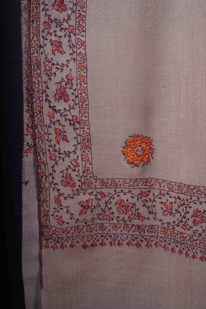 Light Natural Base Buteh Motif Border Merino wool Embroidery Shawl