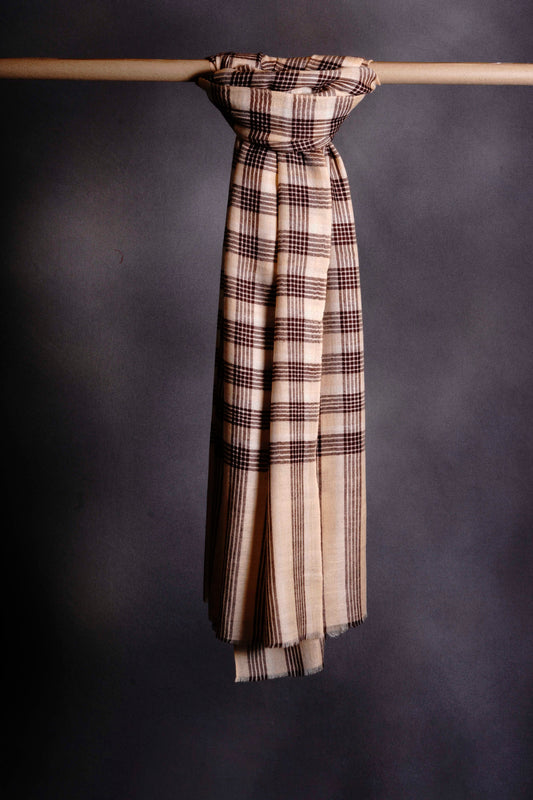 Beige Checked  Handwoven Cashmere Pashmina Shawl