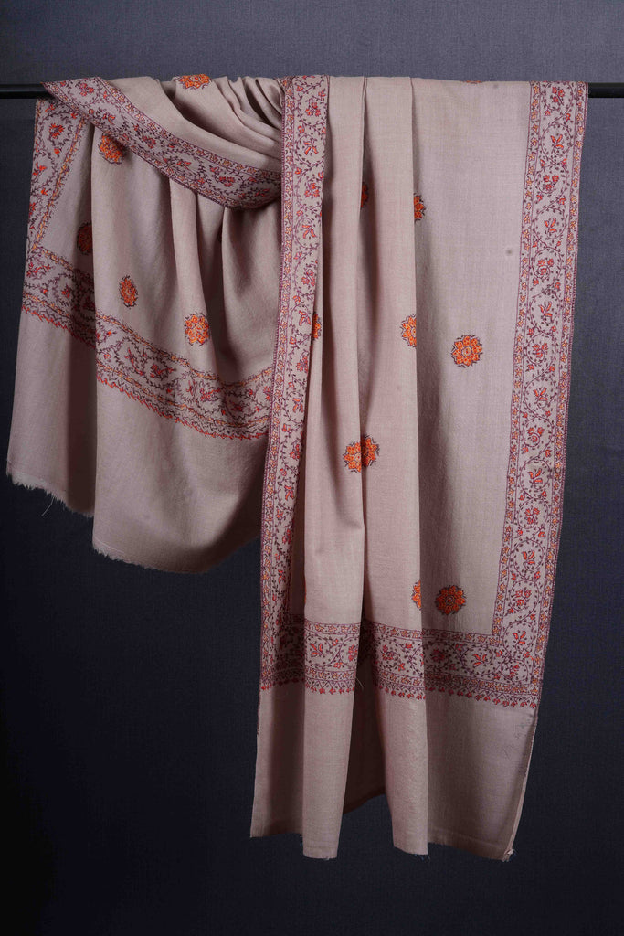 Light Natural Base Buteh Motif Border Merino wool Embroidery Shawl