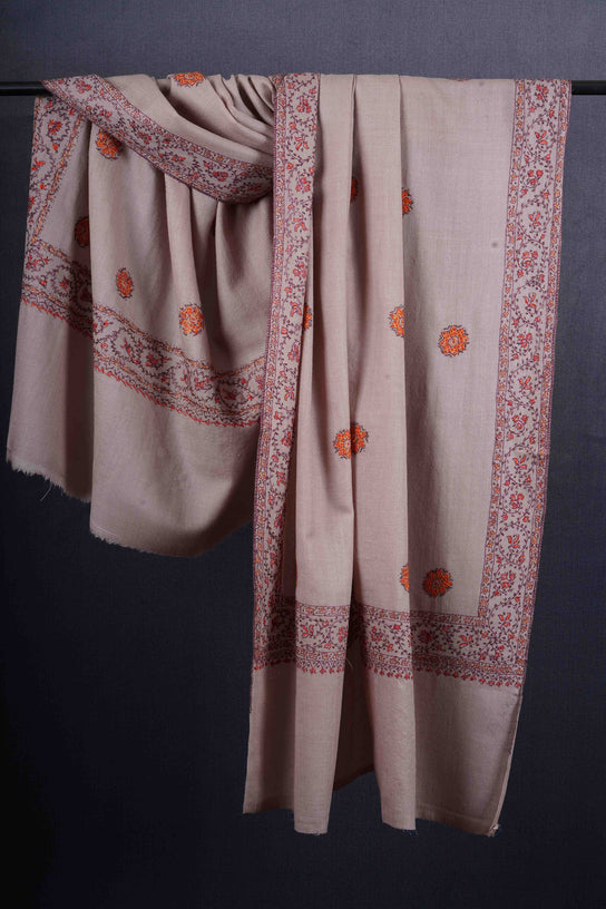 Light Natural Base Buteh Motif Border Merino wool Embroidery Shawl