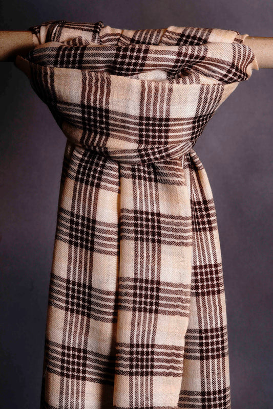 Beige Checked  Handwoven Cashmere Pashmina Shawl