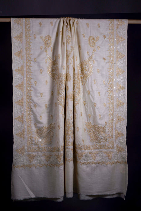 3 Yard Ivory Base With Golden and Silver Tilla Embroidery Pashmina Shawl