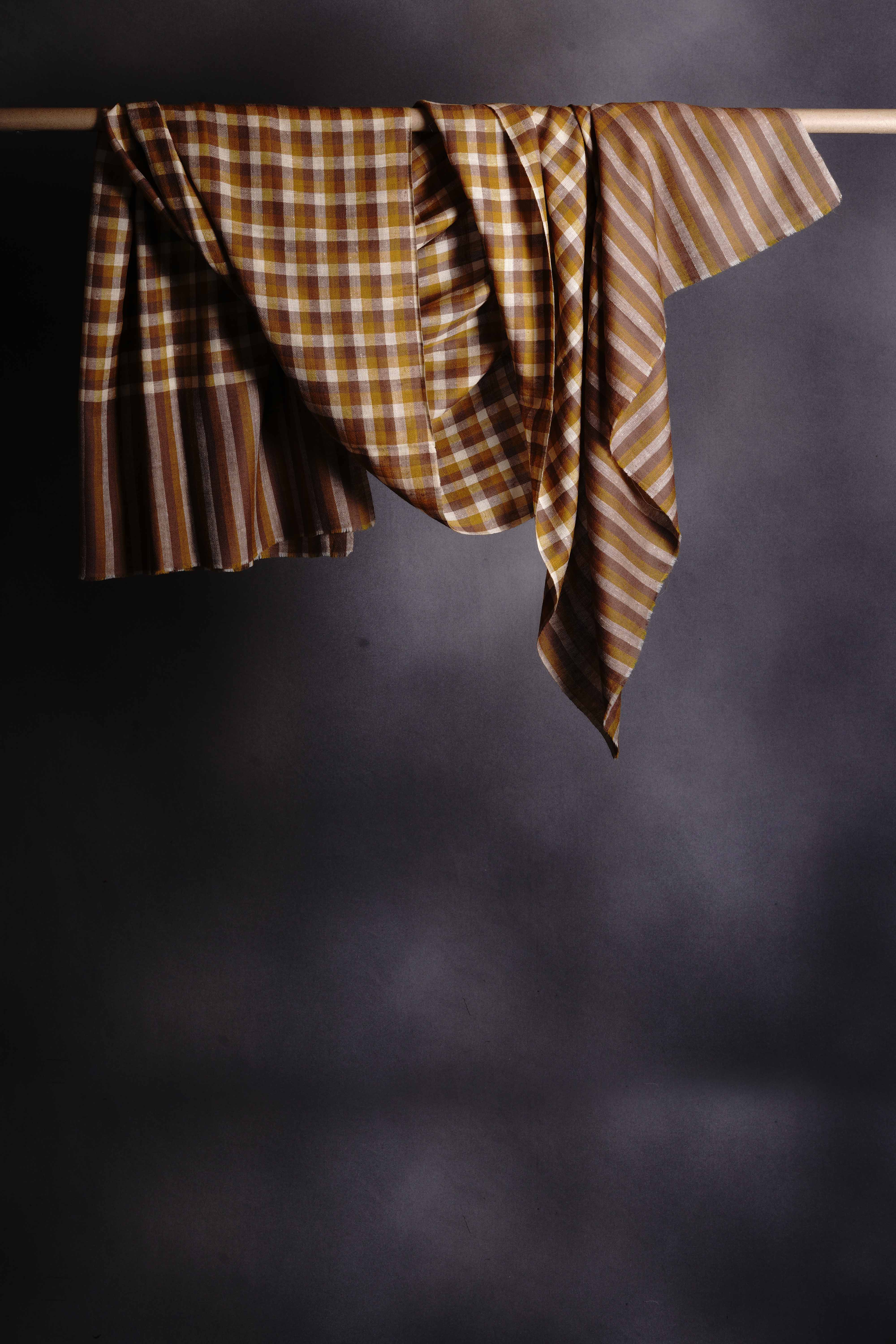 Mustard and Ivory Checked  Handwoven Cashmere Pashmina Shawl