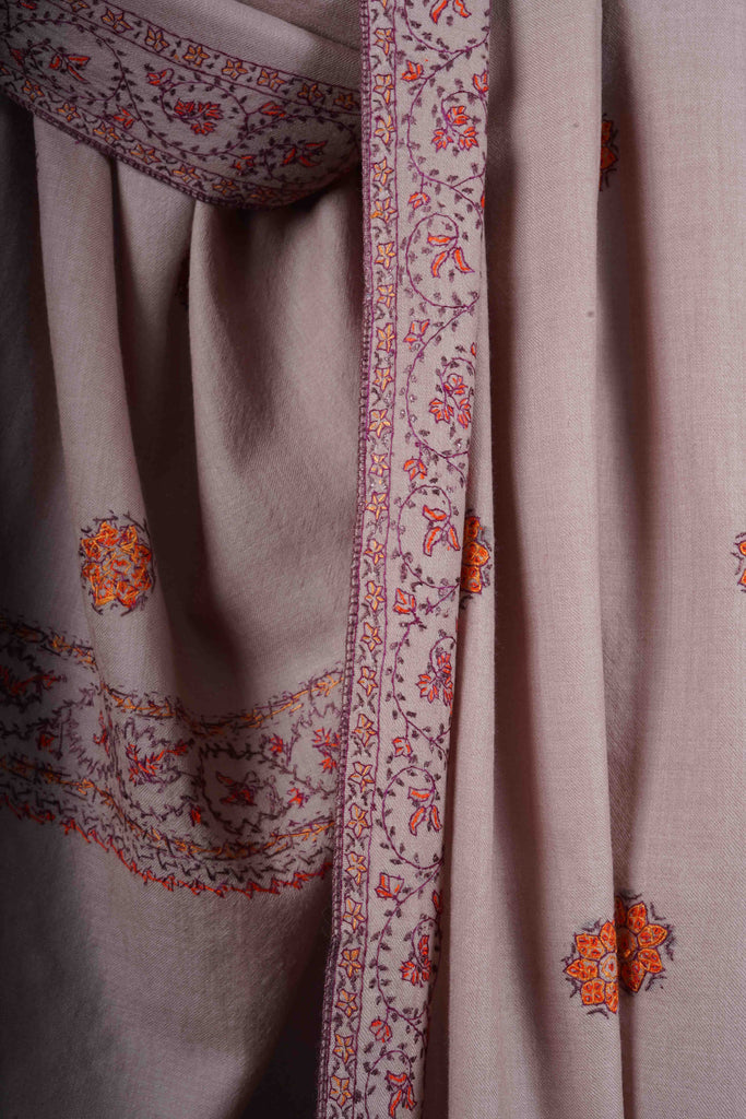 Light Natural Base Buteh Motif Border Merino wool Embroidery Shawl