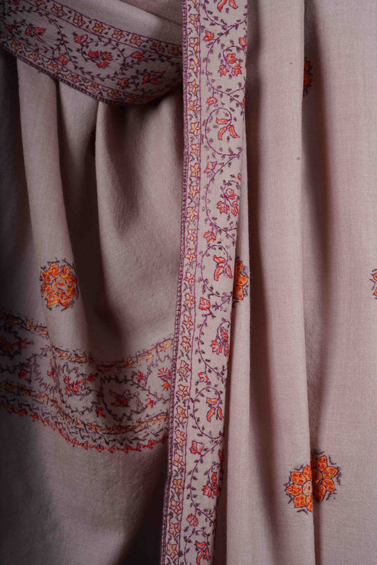 Light Natural Base Buteh Motif Border Merino wool Embroidery Shawl