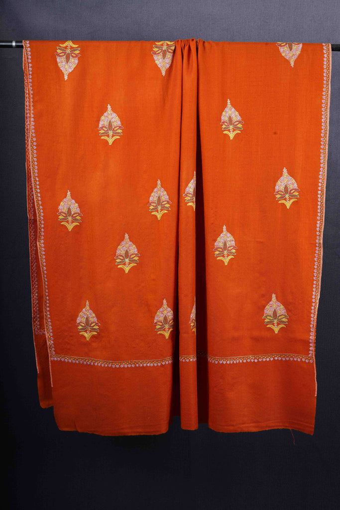 Orange Base Buteh Motif Border Merino wool Embroidery Shawl