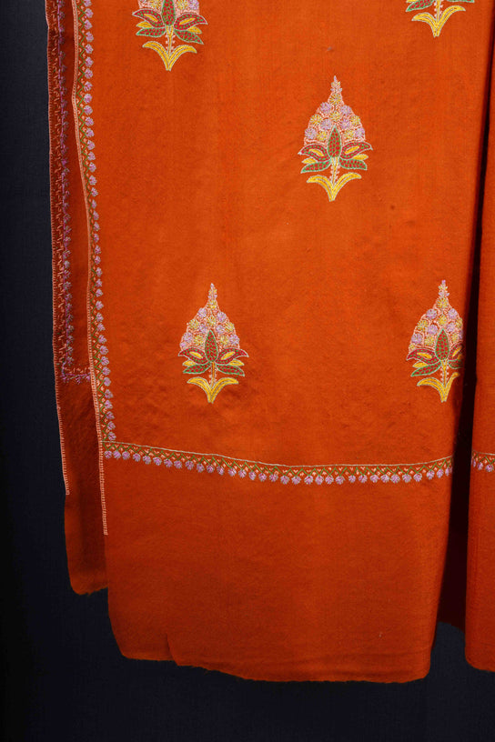 Orange Base Buteh Motif Border Merino wool Embroidery Shawl