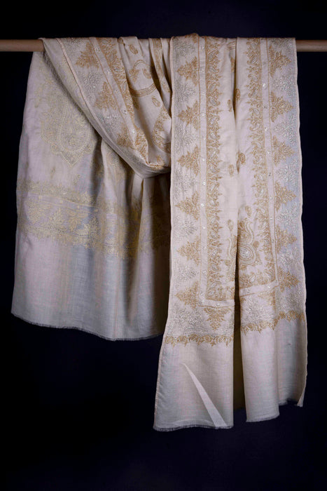 3 Yard Ivory Base With Golden and Silver Tilla Embroidery Pashmina Shawl