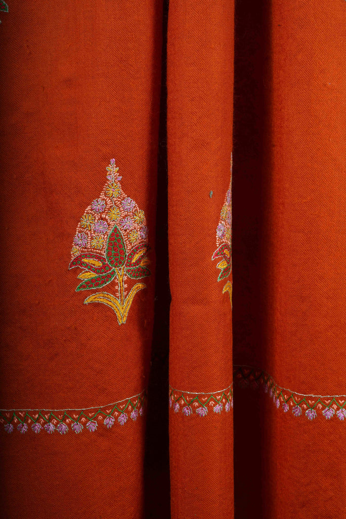 Orange Base Buteh Motif Border Merino wool Embroidery Shawl