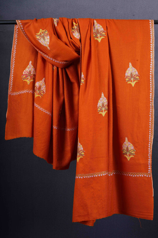 Orange Base Buteh Motif Border Merino wool Embroidery Shawl