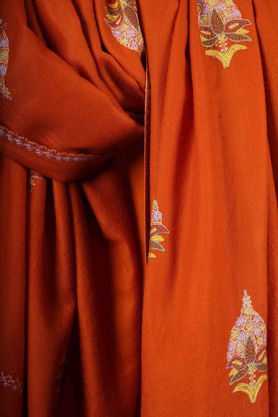 Orange Base Buteh Motif Border Merino wool Embroidery Shawl