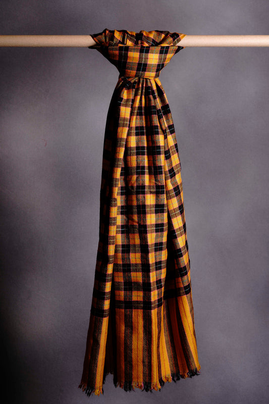 Mustard and Black Checked  Handwoven Cashmere Pashmina Shawl