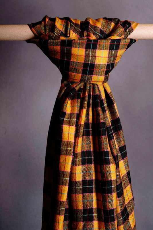 Mustard and Black Checked  Handwoven Cashmere Pashmina Shawl