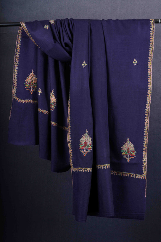 Navy Blue Base Buteh Motif Merino wool Embroidery Shawl